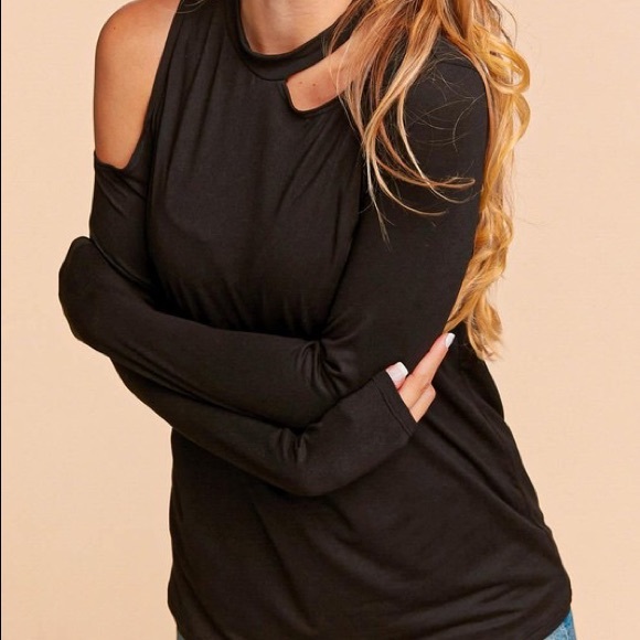 Black Cold Shoulder Cut Out Long Sleeve Knit Top - Picture 3 of 4